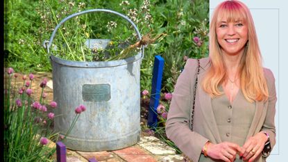 Collage of a galvanised bucket of weeds in a garden and a cutout shot of Sara Cox to support her plea for gardening advice