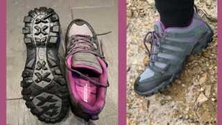 Susan Griffin wearing Belfour walking shoes in muddy gravel next to walking shoes turned over to display traction lugs on the other side