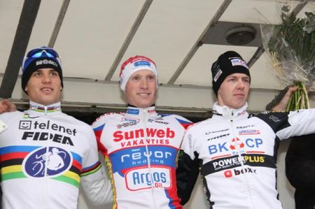 Podium of the GP Eeklo (l-r): Zdenek Stybar (Telenet-Fidea), Klaas Vantornout (Sunweb-Revor) and Dieter Vanthourenhout (BKCP-Powerplus).