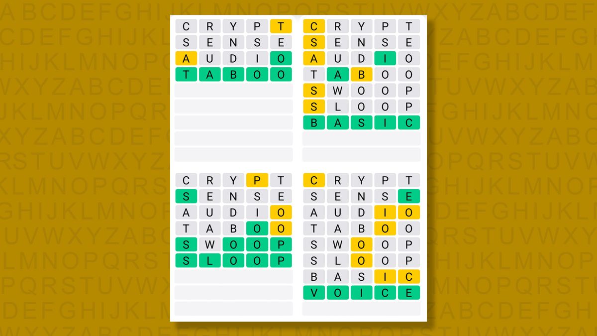 Quordle answers for game 1482 on a yellow background