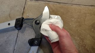Our reviewer, cleaning the blades of the Felco 211-60 Lopper using kitchen roll.