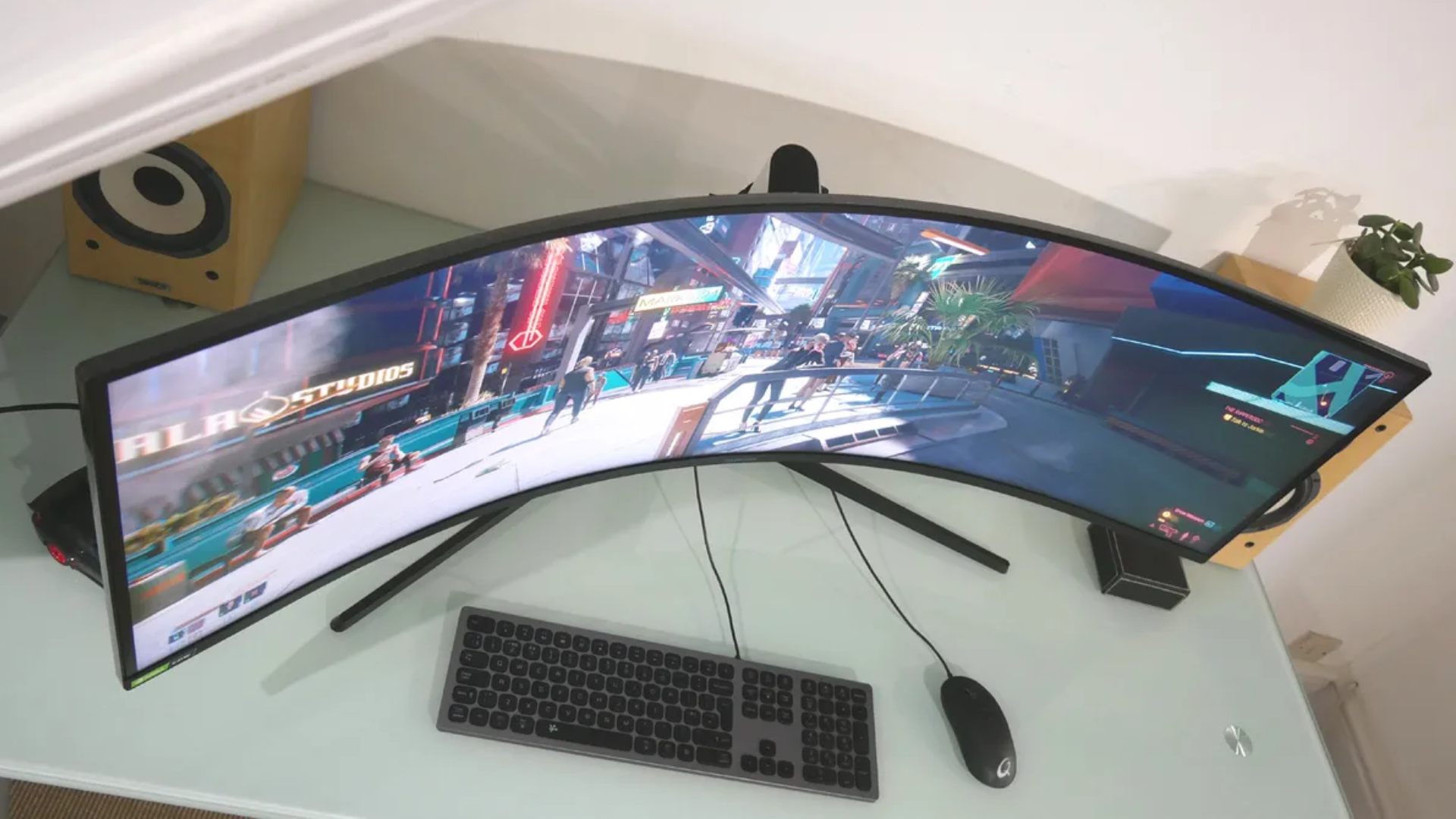 Top down view of Samsung Odyssey G9 sitting on white desk