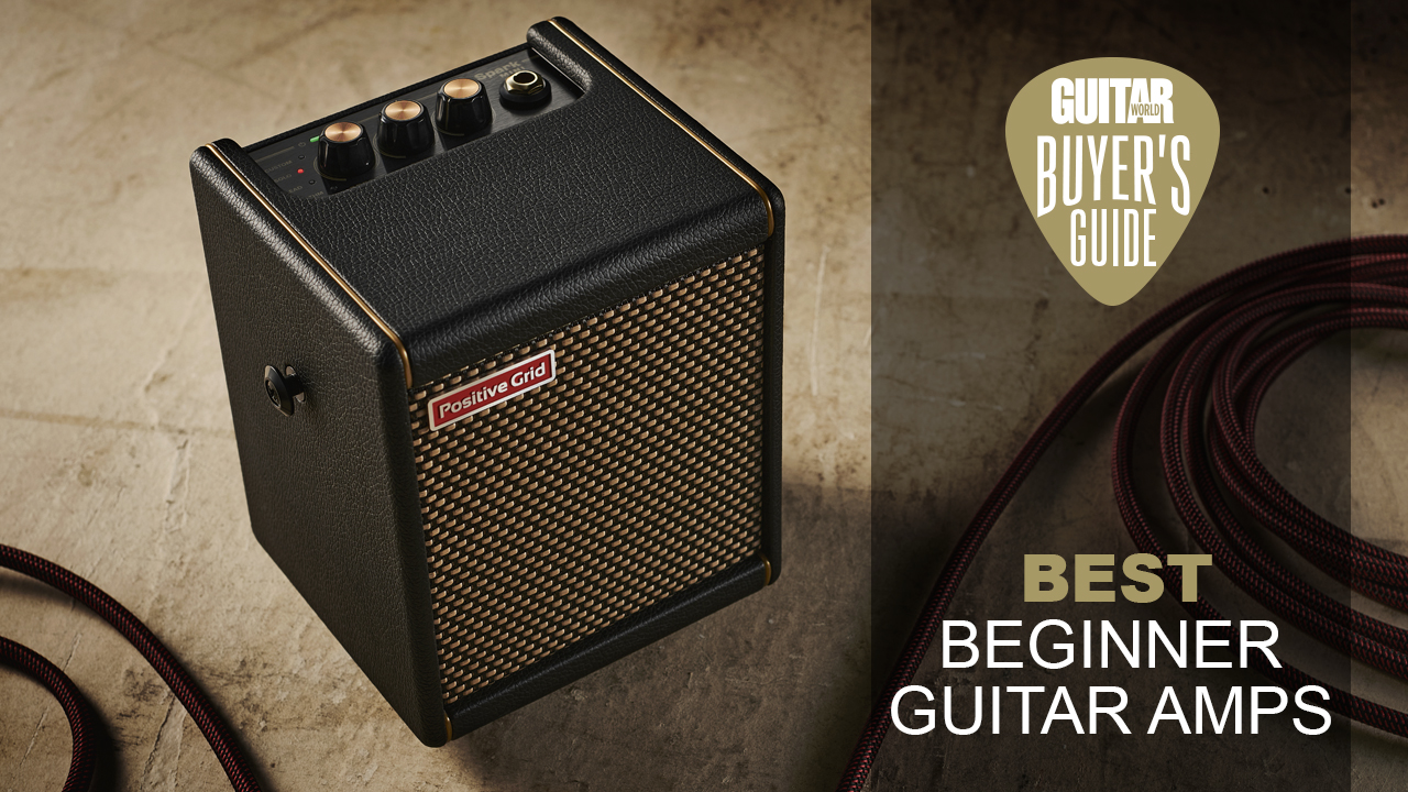 A Positive Grid Spark Mini beginner guitar amp on a stone floor with a guitar cable