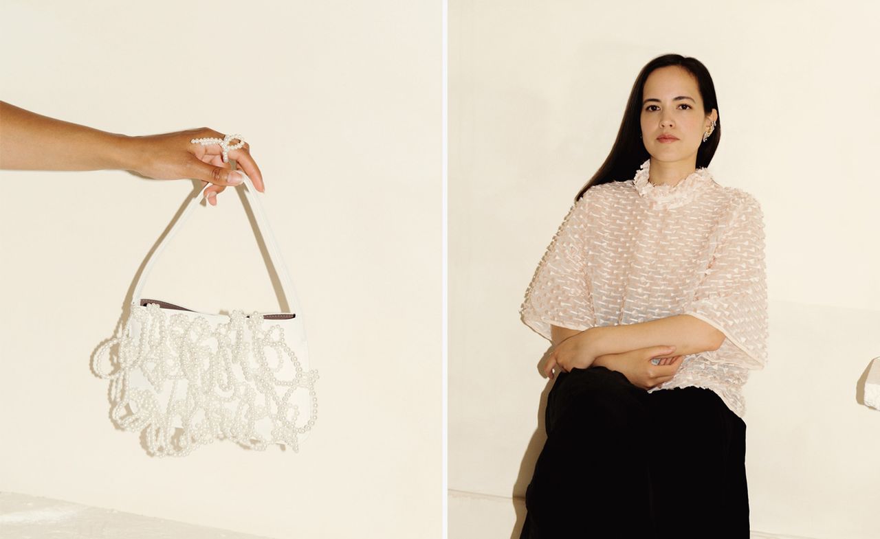 Left, Completedworks pearl bag; right, Completedworks founder Anna Jewsbury