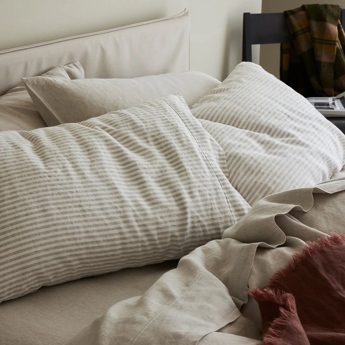 Grey striped linen bedding