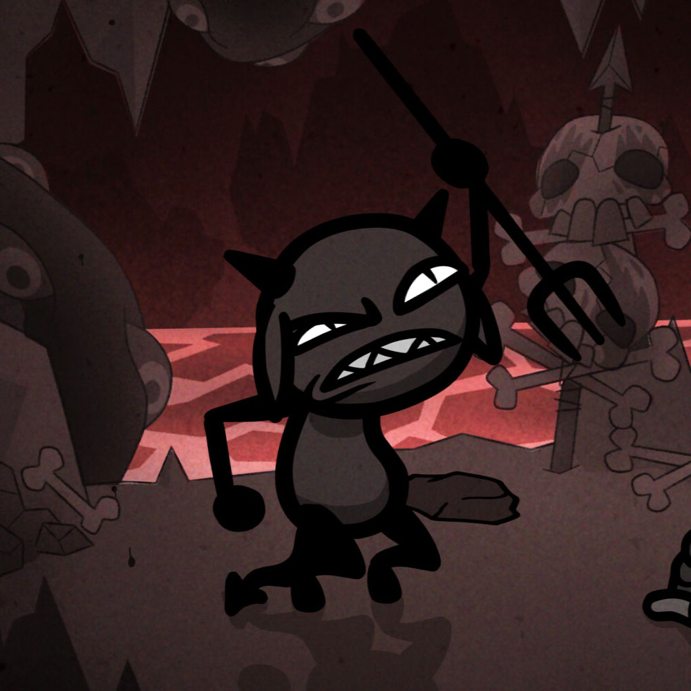 Mewgenics cat holding a trident and angrily gesturing