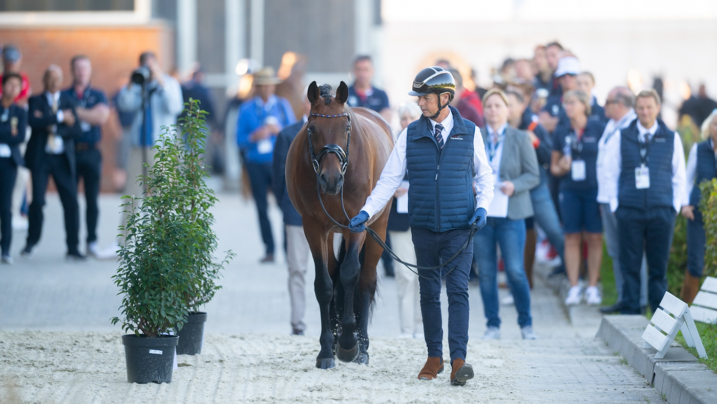Carl Hester and Fame at the 2023 European Championships trot-up