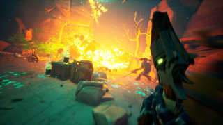 The player's gun is blurred in motion as the foreground is set alight with fire