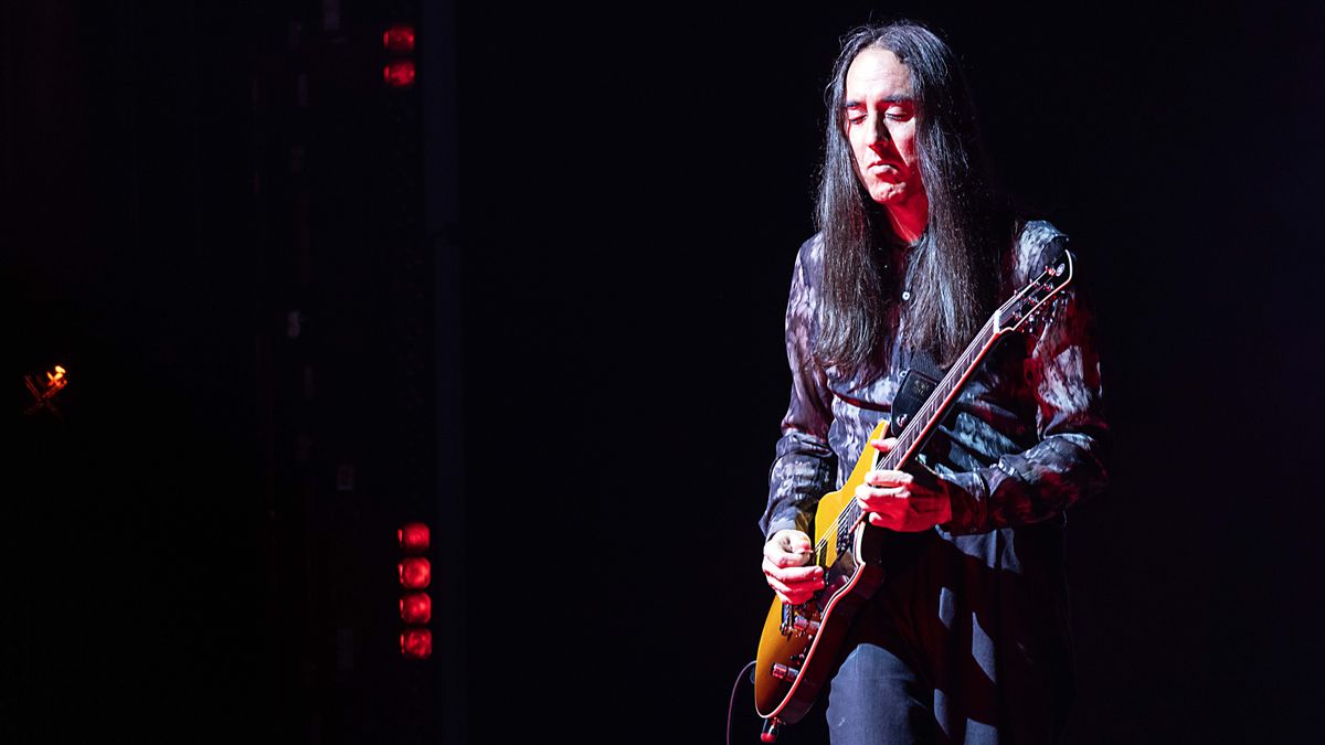 Guitarist Jeff Schroeder of Smashing Pumpkins performs at PNC Music Pavilion on August 22, 2023 in Charlotte, North Carolina