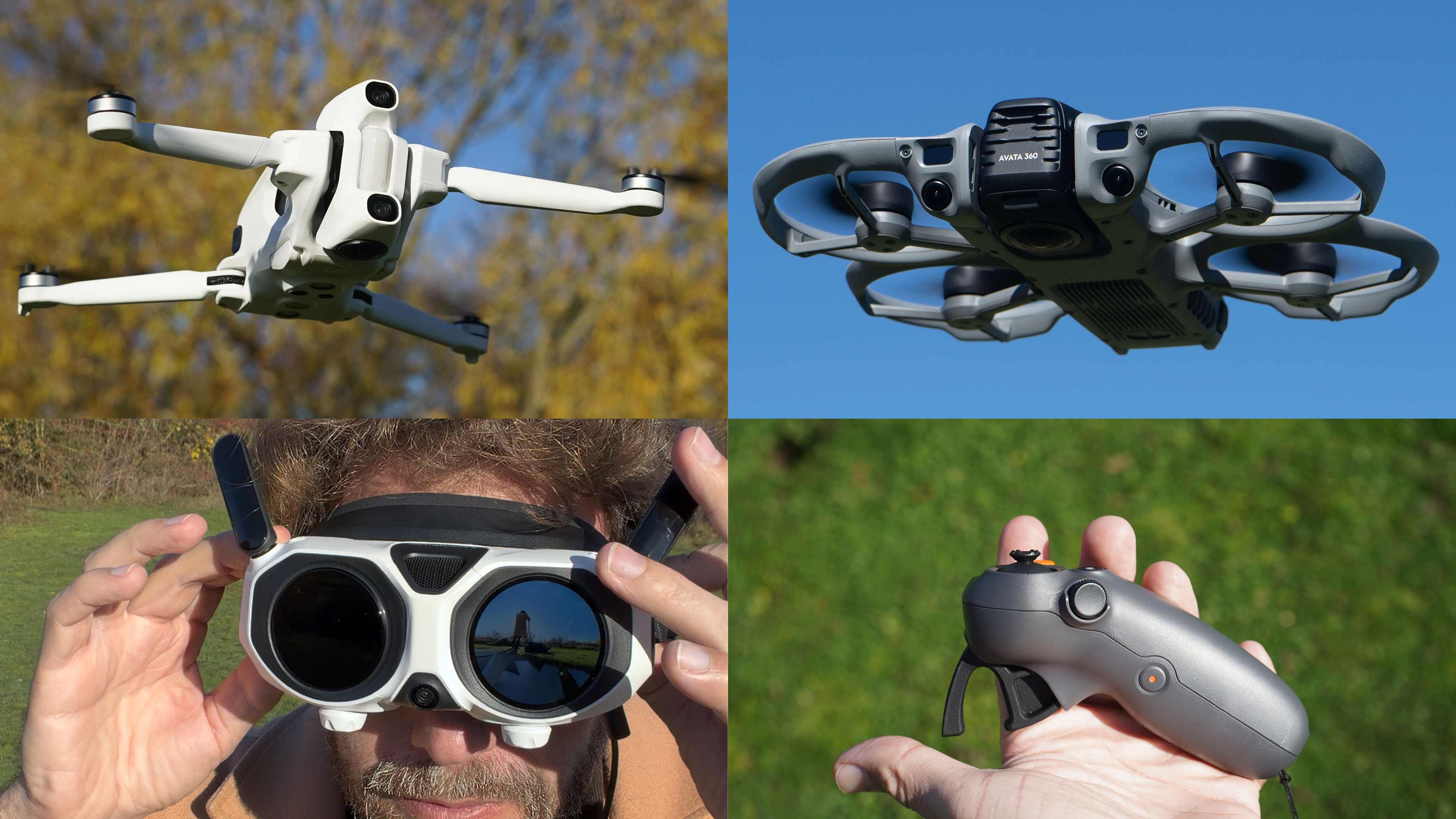 Four images in one – Adam Juniper, an Antigravity A1 in flight, a DJI Avata 360 in flight, and a DJI Motion controller in the hand