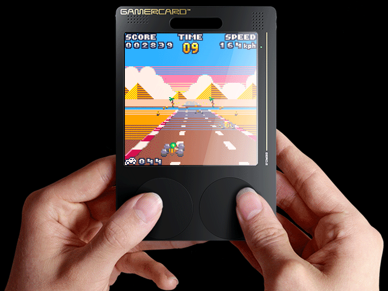 Sinclair GamerCard; a small black games console held in a hand