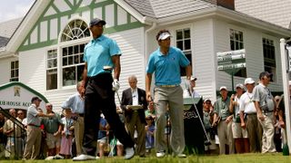 Tiger Woods and Nick Dougherty on the first tee during the third round of the 2007 US Open at Oakmont