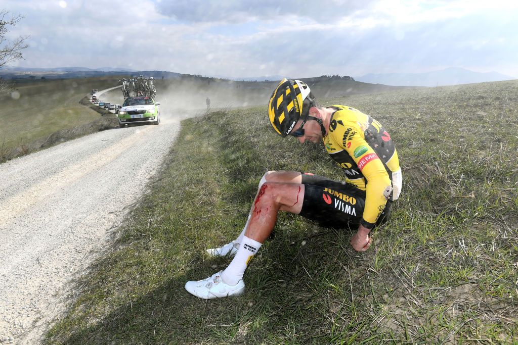SIENA ITALY MARCH 05 Tiesj Benoot of Belgium and Team Jumbo Visma injured after being involved in a crash during the Eroica 16th Strade Bianche 2022 Mens Elite a 184km one day race from Siena to Siena Piazza del Campo 321m StradeBianche WorldTour on March 05 2022 in Siena Italy Photo by Tim de WaeleGetty Images