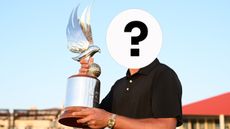 A golfer holding the Abu Dhabi HSBC Championship trophy with a white circle and question mark over their face to hide their identity