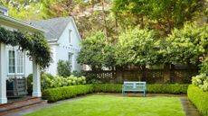 A manicured backyard with hedges, hydrangea bushes, tall border trees and a healthy patch of grass in the middle