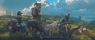 Concept art showing a landscape scene with green hills and trees