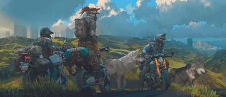 Concept art showing a landscape scene with green hills and trees