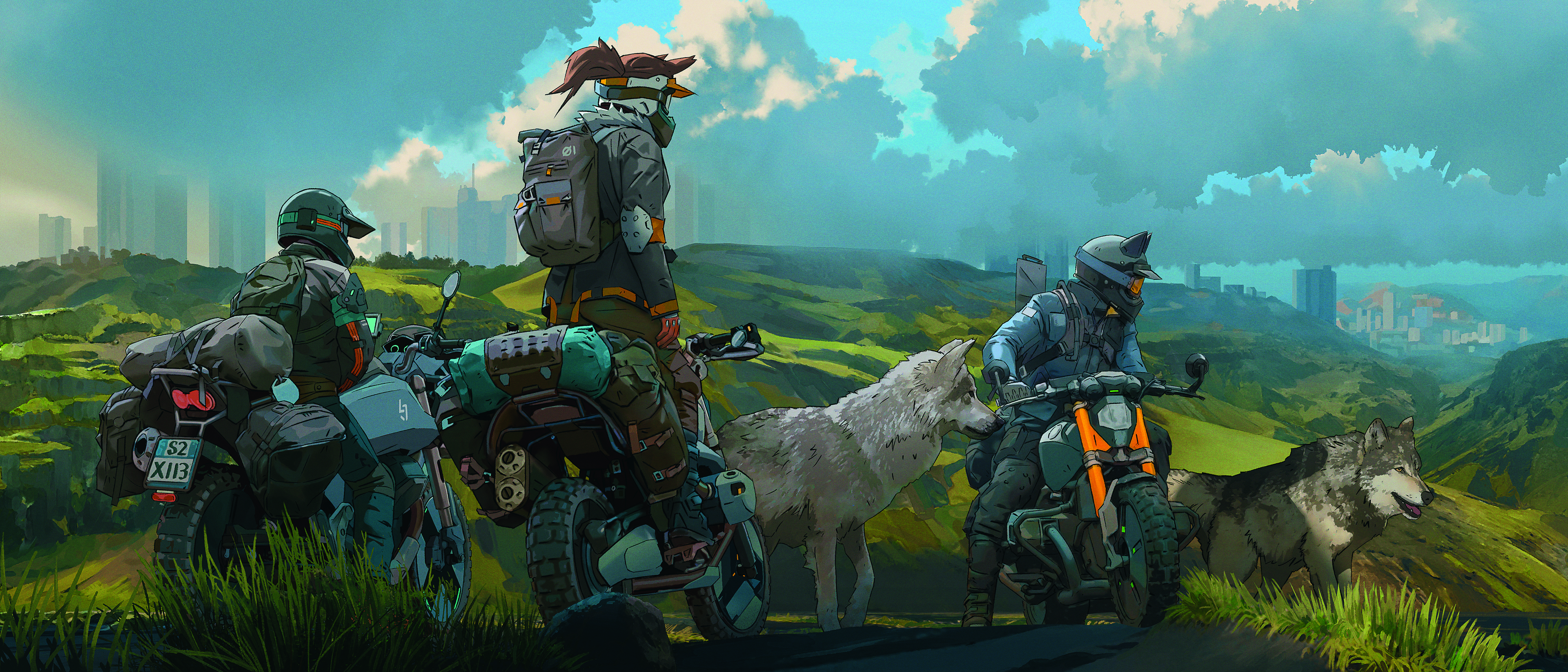 Concept art showing a landscape scene with green hills and trees