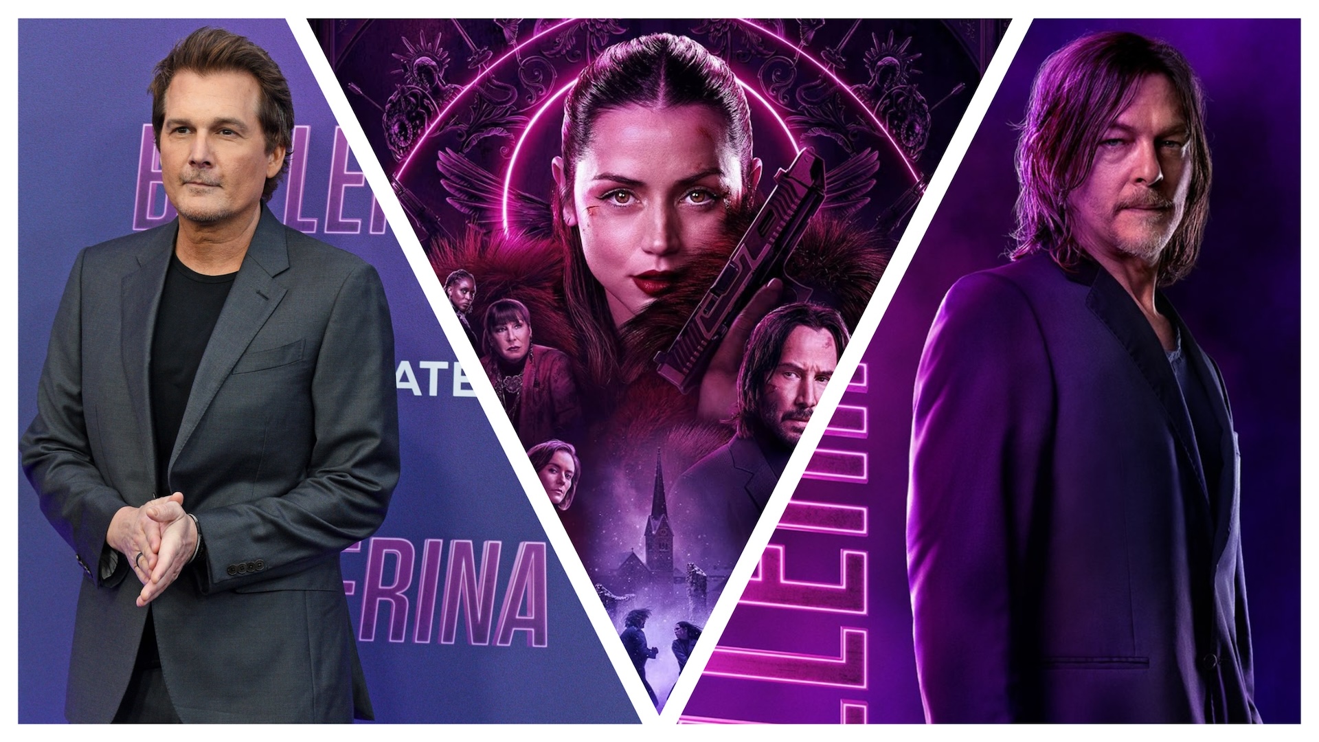 Ballerina director, the Ballerina poster and Norman Reedus in a split image 