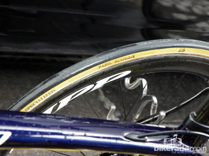 Not all Specialized-sponsored riders have made the switch just yet but that's not entirely surprising given the investment teams have already made in older FMB tires. Regardless, it's easy to spot FMB's traditional file tread pattern relative to the ones produced by Specialized