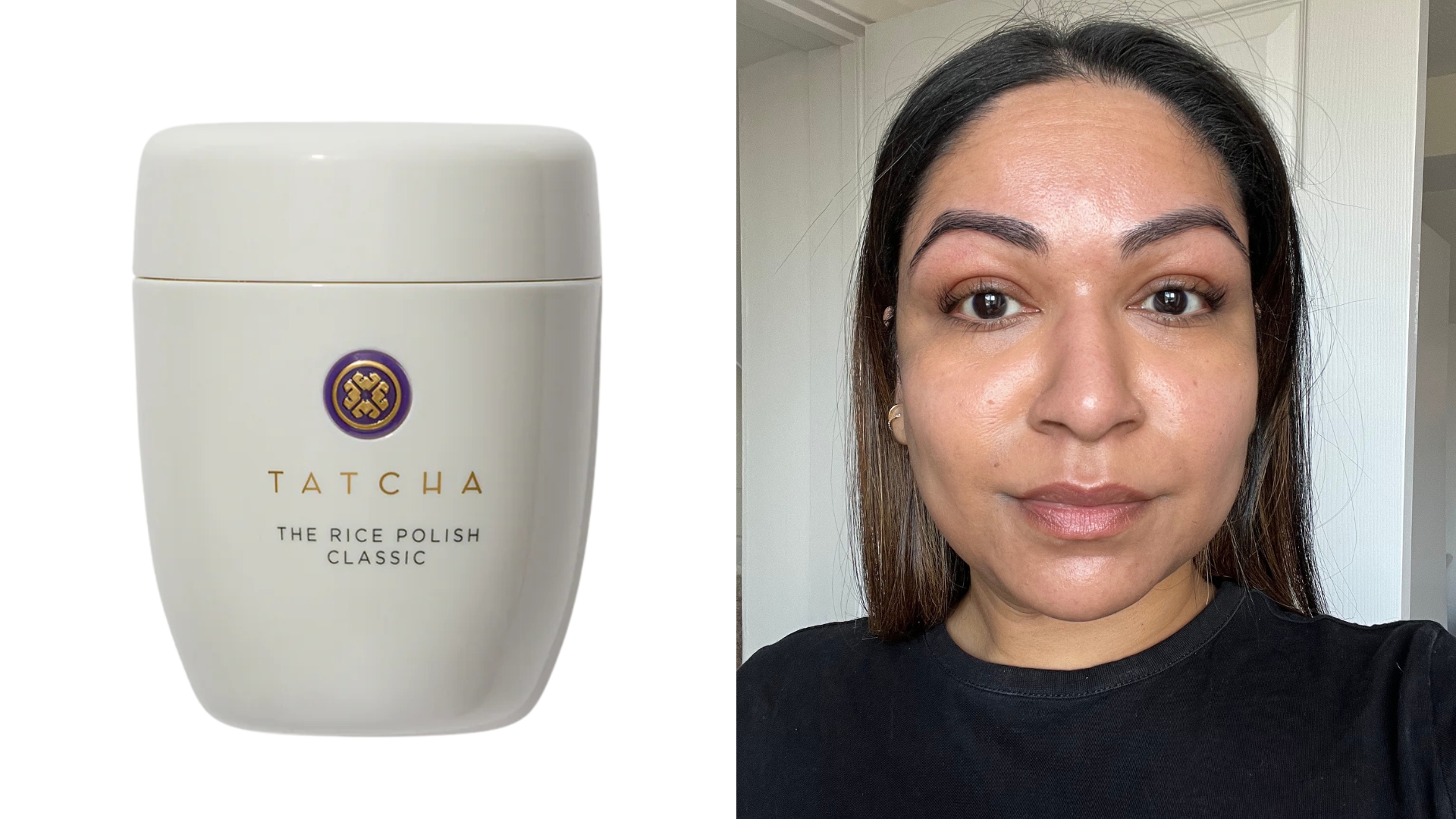 On the left, Tatcha The Rice Polish and on the right, an image of Aleesha Badkar with makeup-free skin