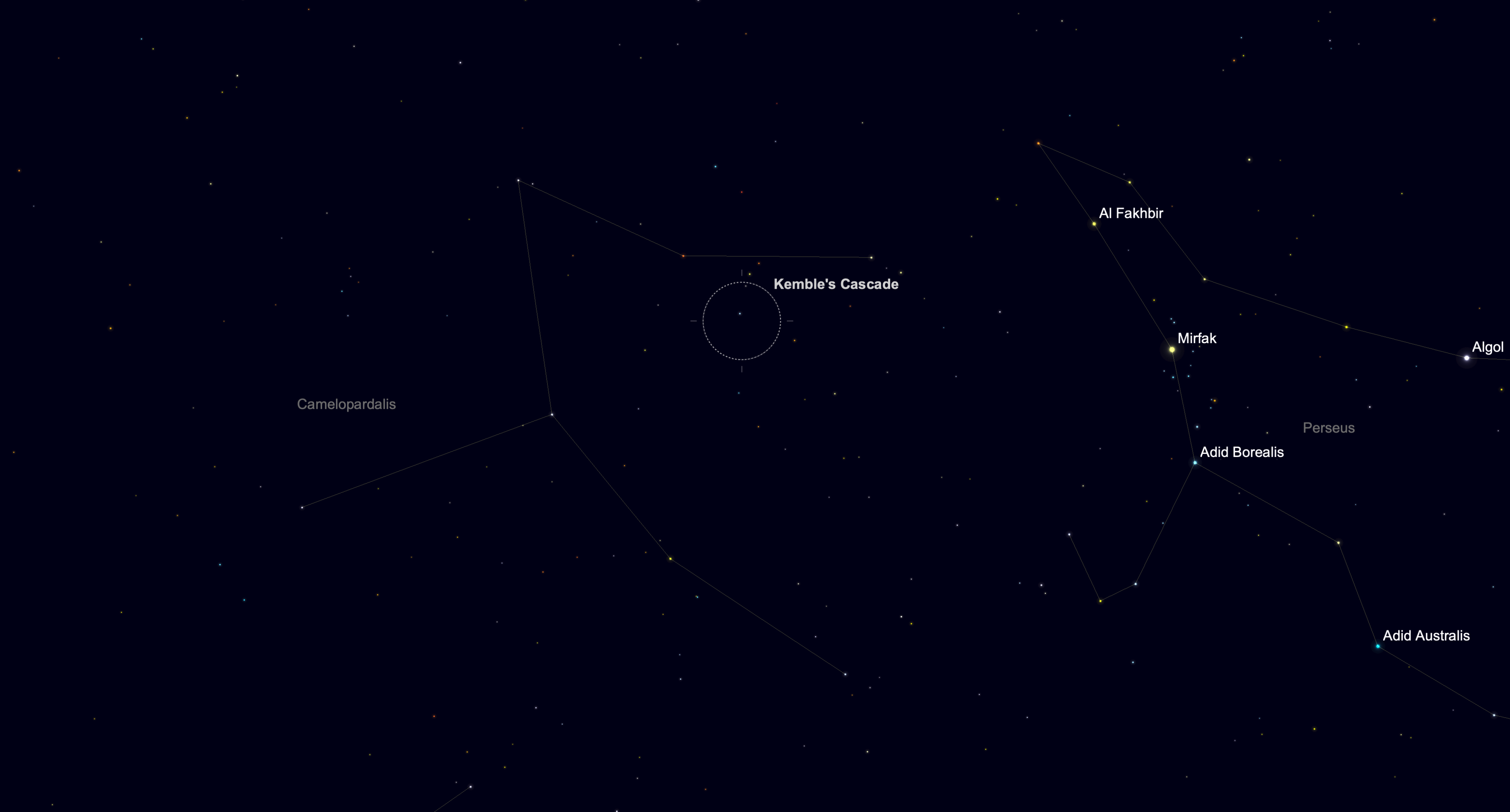 Star chart showing the location of Kemble's Cascade in the constellation Camelopardalis on Sept. 29, 2026.