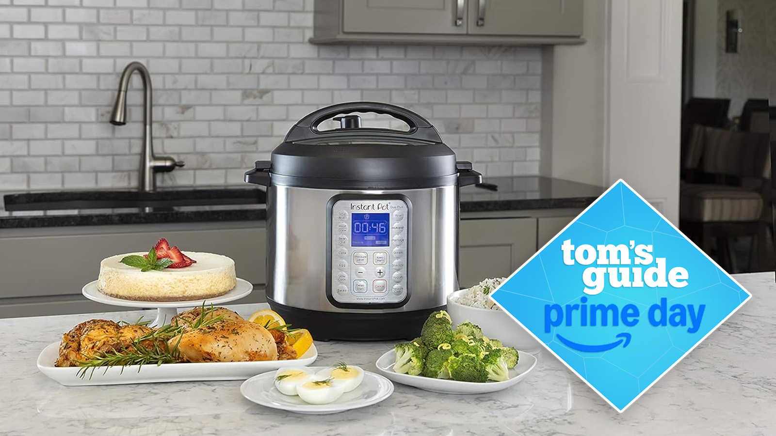 the silver instant pot duo plus with food surrounding it in a kitchen and a blue diamond tom's guide prime day deals badge