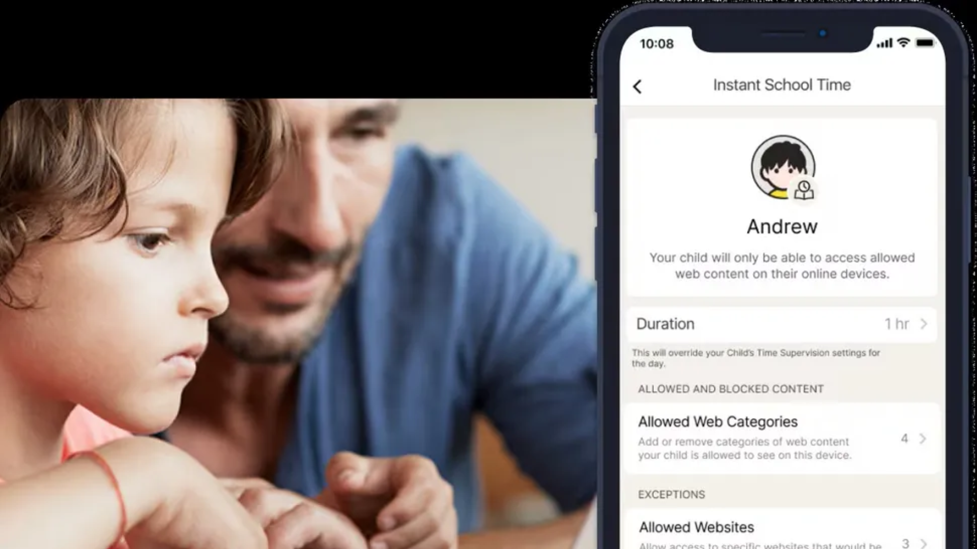 A press shot of a father and child, with a phone overlay showing Norton Family app for school work