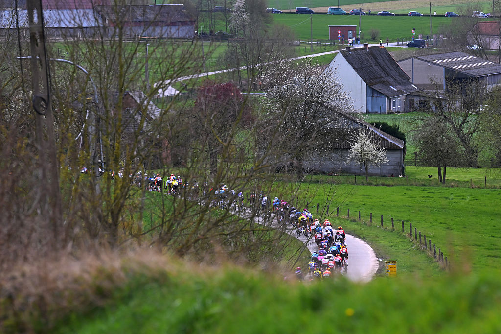 HARELBEKE, BELGIUM - MARCH 27: A general view of the peloton passing through a landscape during the 68th E3 Saxo Classic 2026 a 208.5km one day race from Harelbeke to Harelbek / #UCIWT / on March 27, 2026 in Harelbeke, Belgium. (Photo by Tim de Waele/Getty Images)