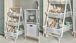 Freestanding utility cart on wheels as an idea for how to organize a small kitchen