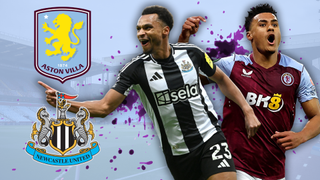 (L-R) Jacob Murphy of Newcastle and Ollie Watkins of Aston Villa, alongside club crests