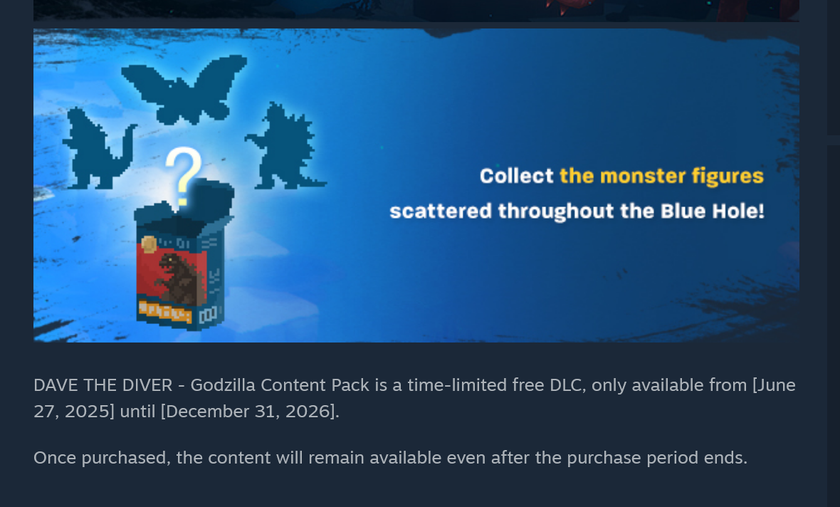 Dave the Diver Godzilla Content Pack DLC December 31, 2026 expiry date