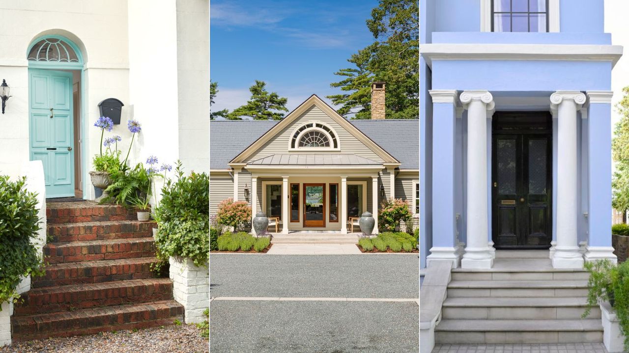 white home exterior with light blue door, beige home exterior, pastel blue home exterior with black door