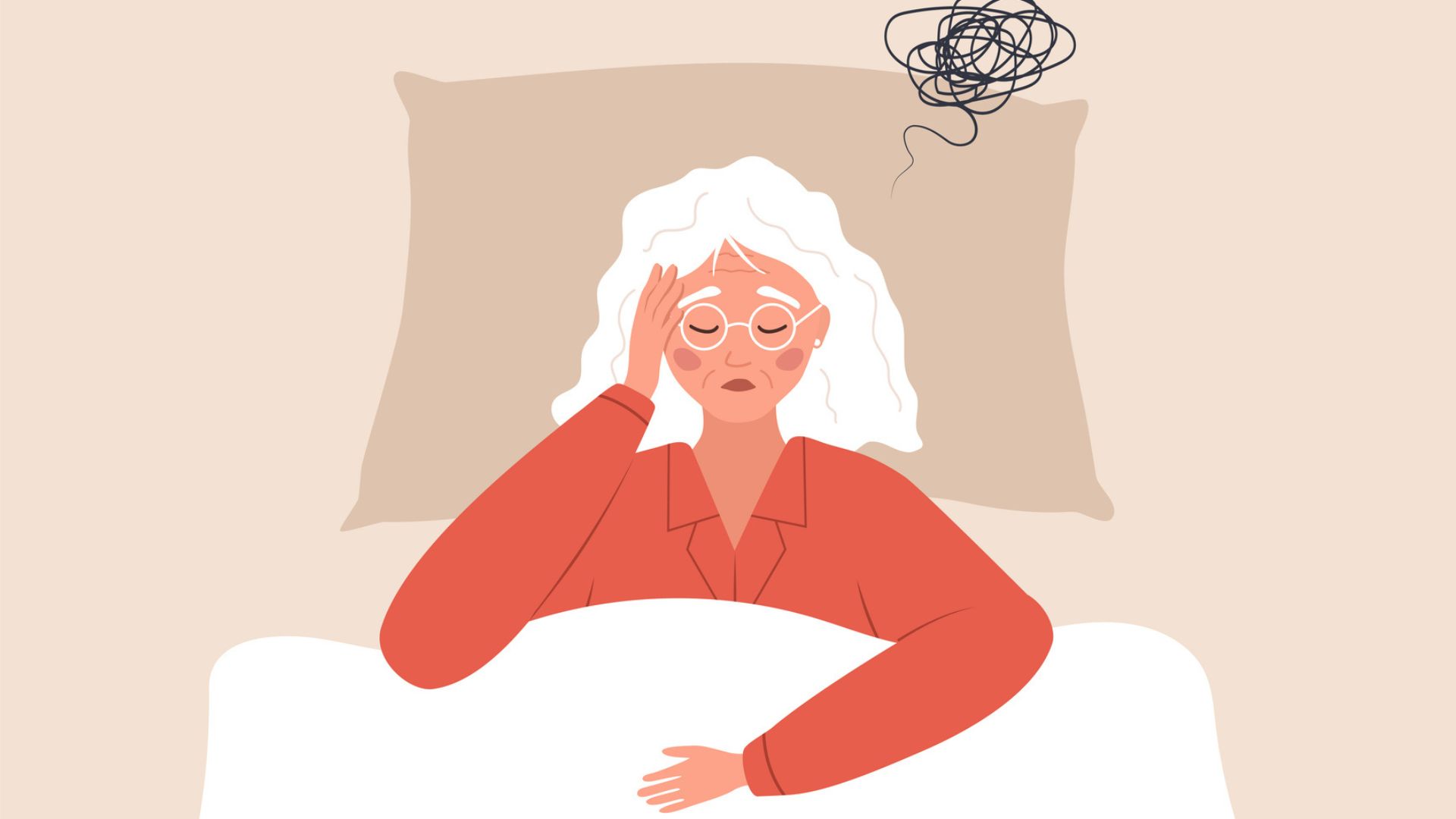 An illustration of an older menopausal woman lying in bed awake with insomnia holding her head in frustration