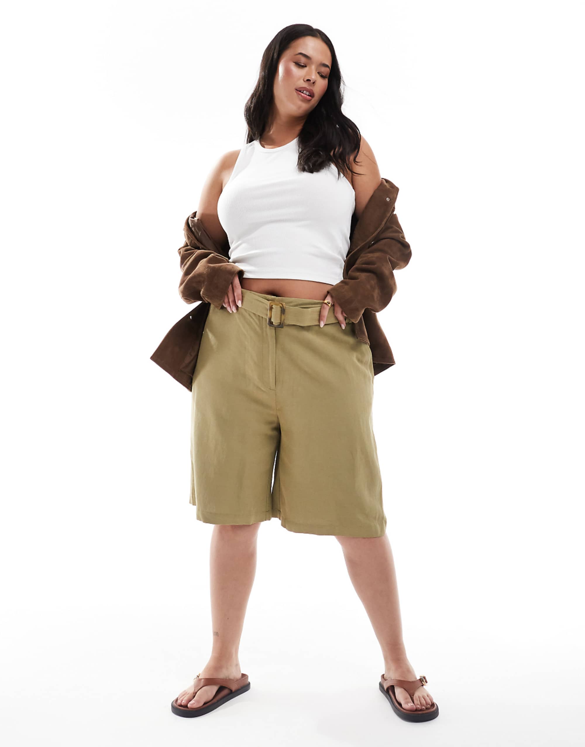 Asos Design Curve Tailored Longline Belted City Shorts With Linen in Khaki