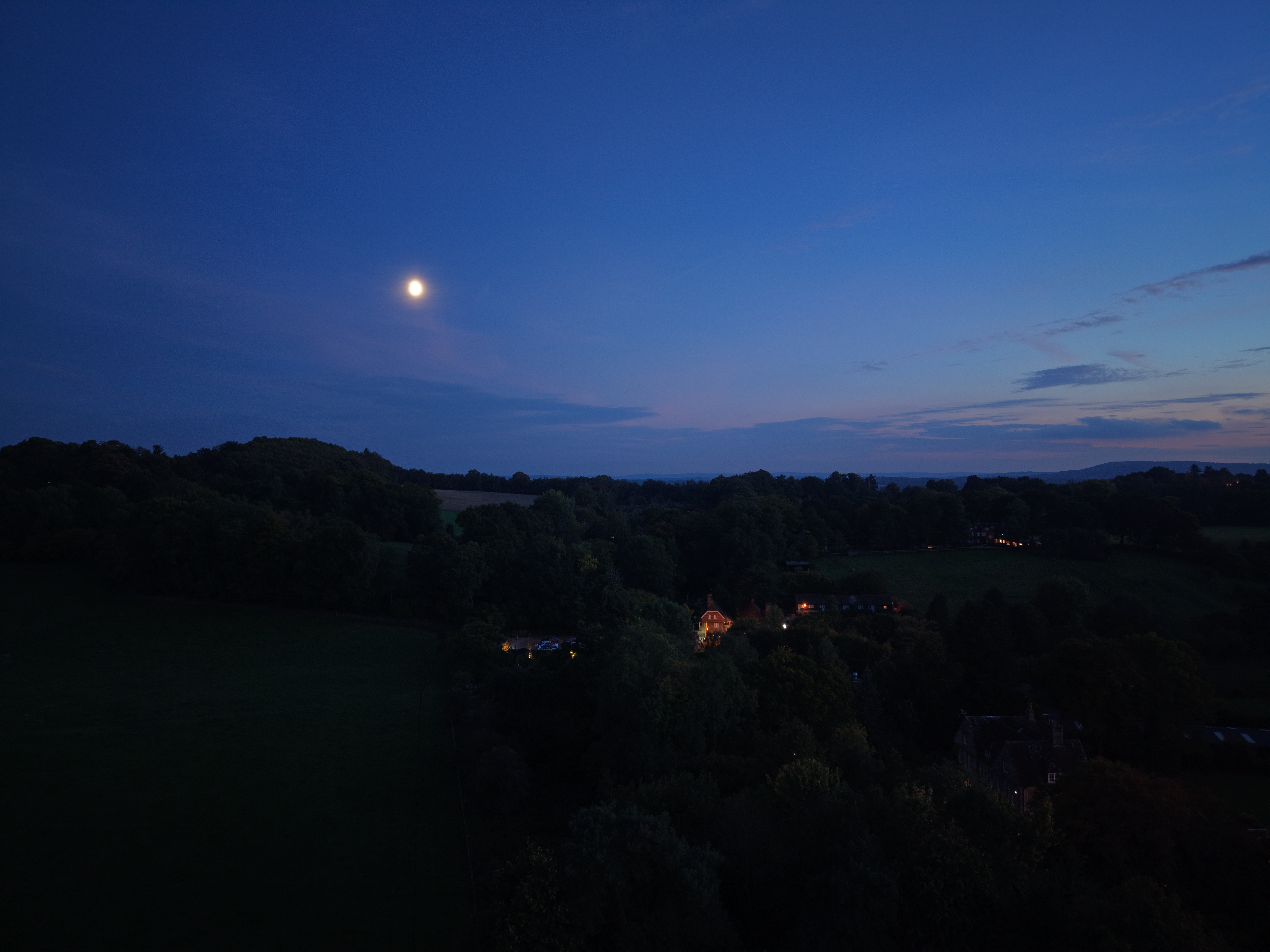 DJI Mini 5 Pro sample images: aerial view of a woodland at night