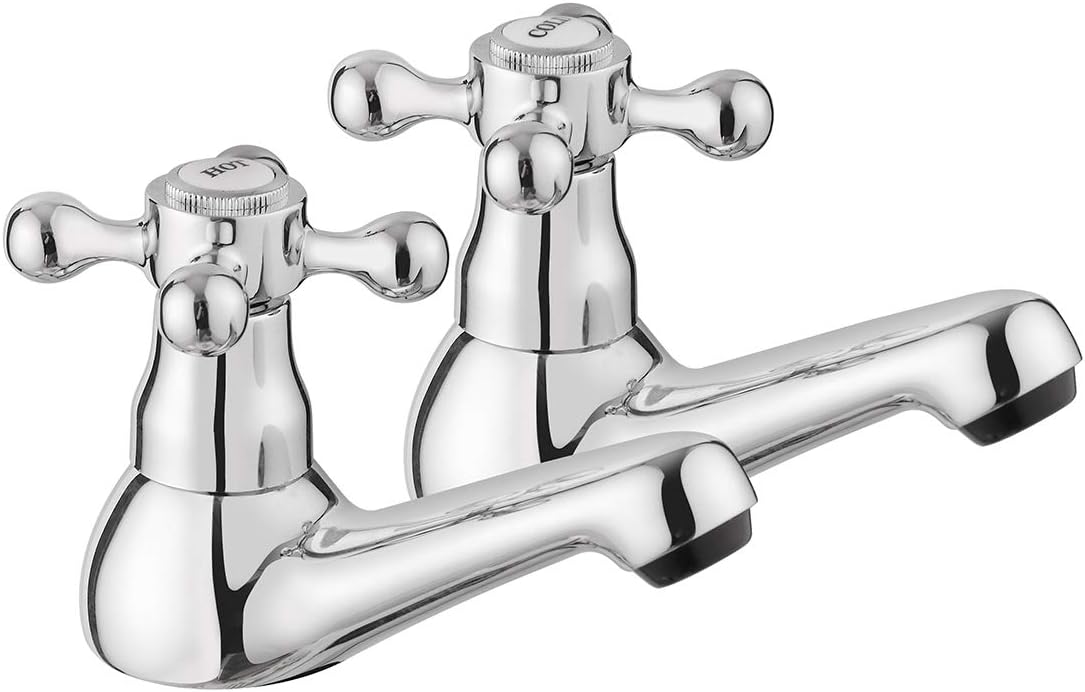 Jassferry Traditional Victorian Pair of Basin Taps for Bathroom Sink 1/4 Turn Crosshead Hot and Cold 1/2&quot; Bath Brass Faucet, Polished Chrome Set of 2