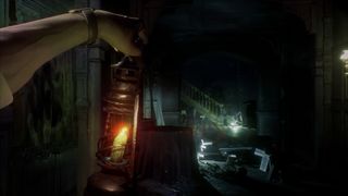 Call of Cthulhu gameplay showing first-person view of an arm holding a lantern