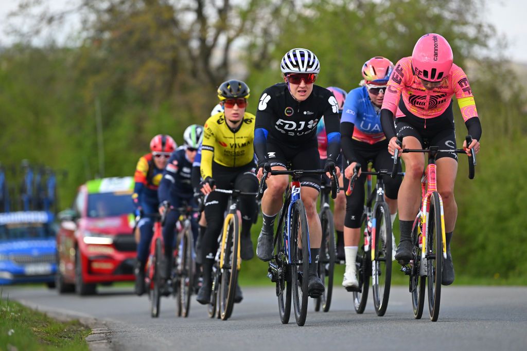 LIEGE BELGIUM APRIL 24 LR Grace Brown of Australia and Team FDJ Suez and Kim Cadzow of New Zealand and Team EF EducationCannondale compete in the breakaway during the 8th Liege Bastogne Liege Femmes 2024 a 1529km one day race from Bastogne to Liege UCIWWT on April 24 2024 in Liege Belgium Photo by Luc ClaessenGetty Images