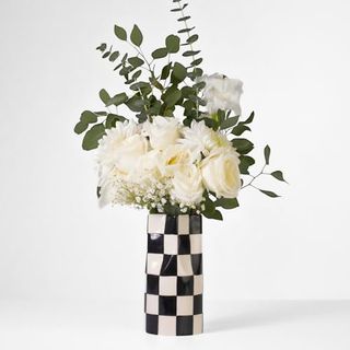 Reimagine Discovery Small Checkered Vase, Modern Home Decor, Decorative Ceramic Flower Vase, Aesthetic Black & White Room Decor for Office, Bedroom, Living Room (8” Tall)