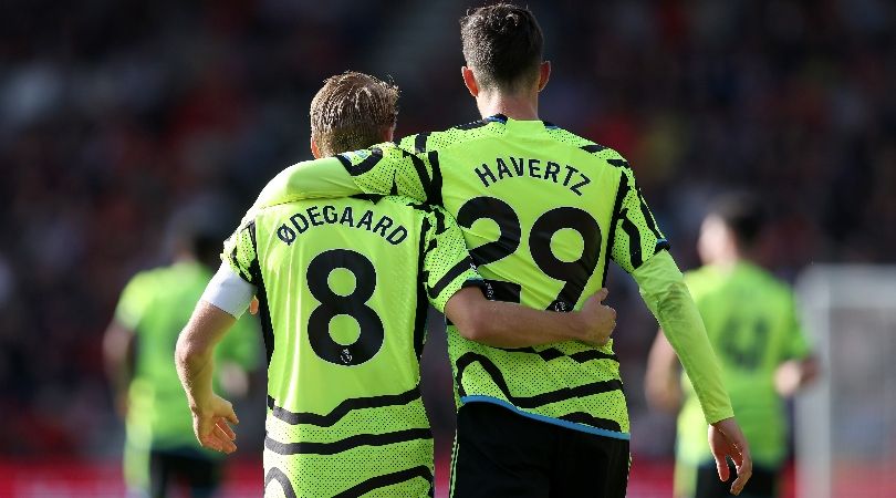 Martin Odegaard and Kai Havertz celebrate after the German scores his first Arsenal goal in the 4-0 win away to Bournemouth in September 2023.