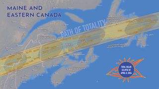 Total solar eclipse 2024 eclipse map showing the path of the moon's shadow across Maine and eastern Canada.