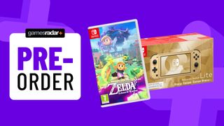The Legend of Zelda: Echoes of Wisdom and Nintendo Switch Lite Hyrule edition box on a purple background with pre-order badge