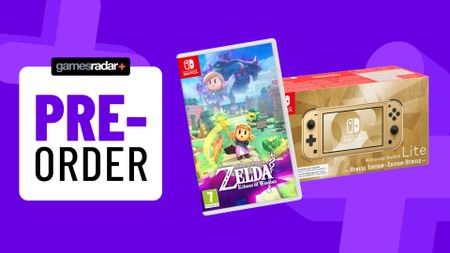 The Legend of Zelda: Echoes of Wisdom and Nintendo Switch Lite Hyrule edition box on a purple background with pre-order badge