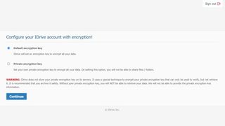 IDrive's options page for selecting account encryption