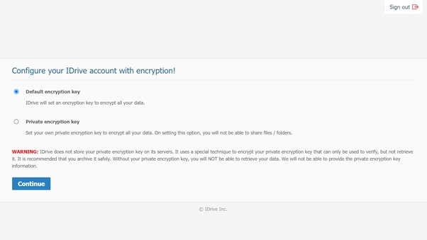 IDrive's options page for selecting account encryption