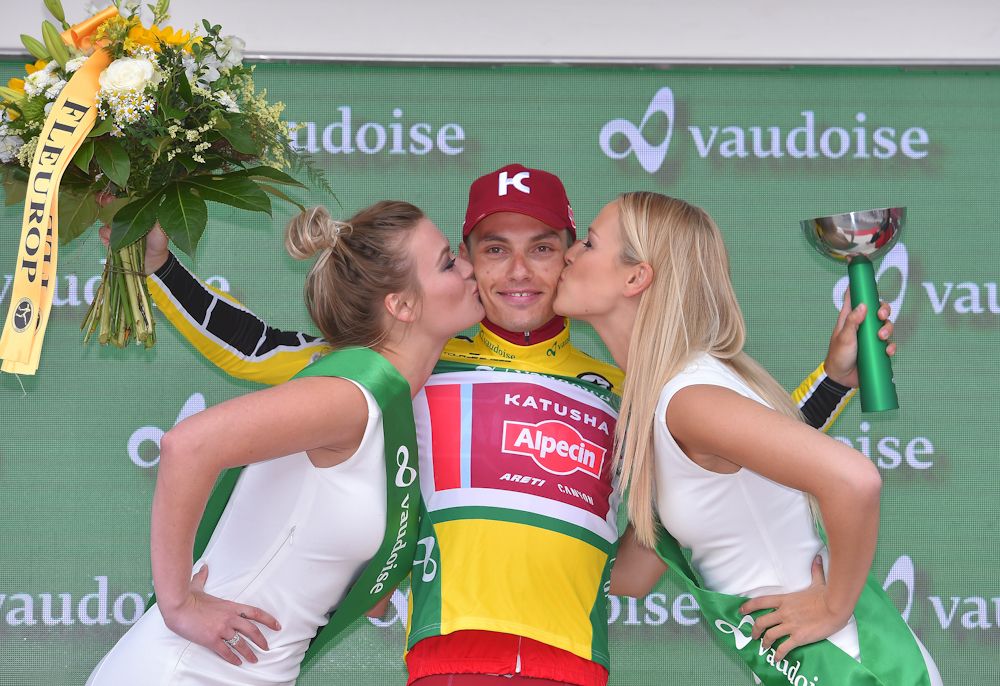 Simon Spilak in yellow fafter stage 7