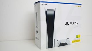 PS5 retail box against a white wall