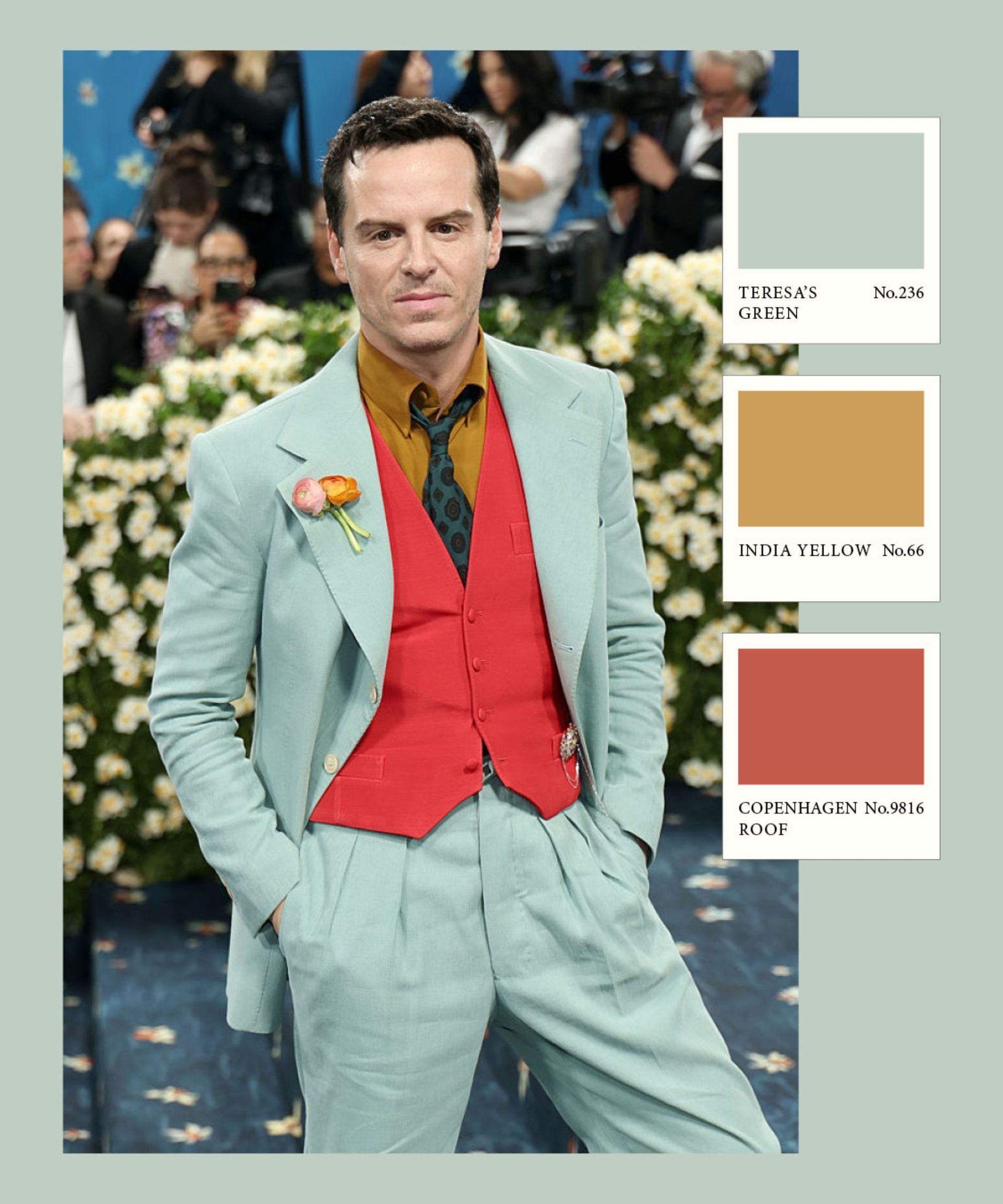 Andrew Scott at the Met Gala wearing a pastel colored suit and flowers in his buttonhole
