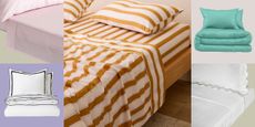 Egyptian cotton sheets pictured against a colorful checkered background